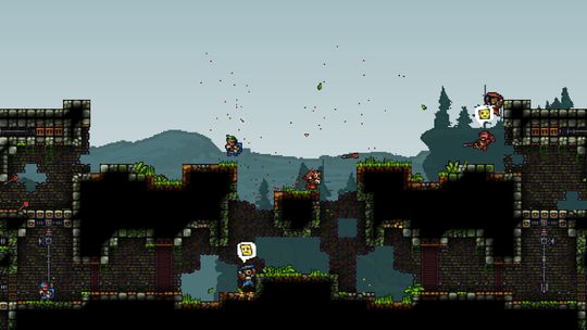 Screenshot of a 2d sidescrolling game. On each side of the image, there's castles built out of stone. Red and blue players are approach each other from opposite sides, firing arrows and raising shields.