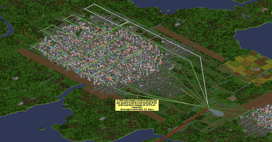 A game where I was trying to get 100% coverage of a city and grow it to 1,000,000. Turns out this is a boring way to play, especially with OpenTTD's rubbish way of doing growth.