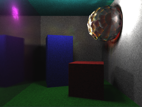 Note the light from the sphere on the walls, and the double shadow from indirect lighting on the small cube.