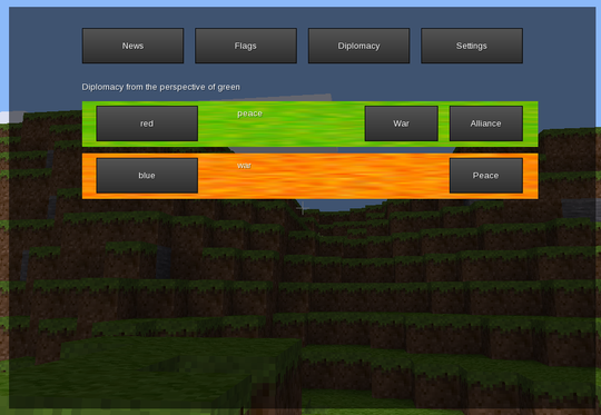 A Minetest GUI. There's two rows. The first says "red, peace", the second says "blue, war".