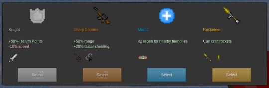 A Minetest GUI. There's four columns, one for each class. Knight, Sharp Shooter, Medic, and Rocketeer.