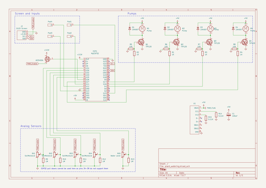 The schematic for my plant watering system's circuit. Created using KiCAD.