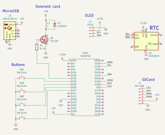 Electronics schematic, created using KiCAD. The ESP32 has builtin pull-up resistors.