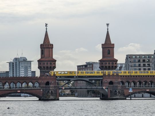An S-Bahn train going over the Oberbaum Bridge, Berlin.