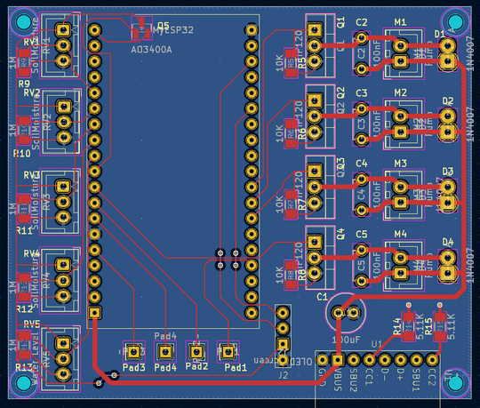 The source of my PCB, showing footprints and traces. Created using KiCAD.