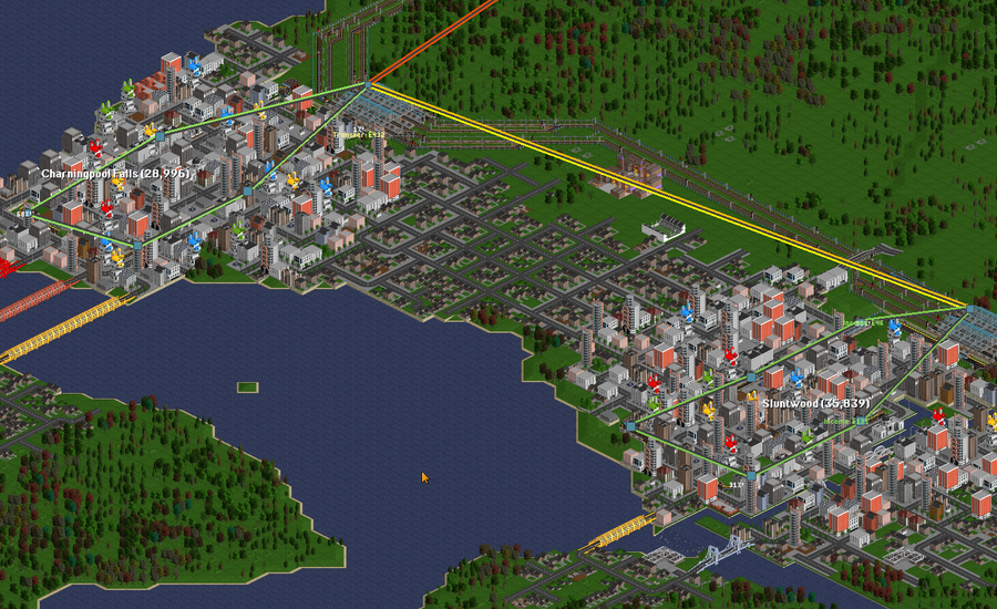 Map &gt; Cargo flow legend. Shows the routes passengers can take. You can see local bus routes and a town's train station.