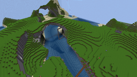 Screenshot of a voxel world. A canyon with a river splits the terrain. There's a one meter wide bridge from one side to the other.