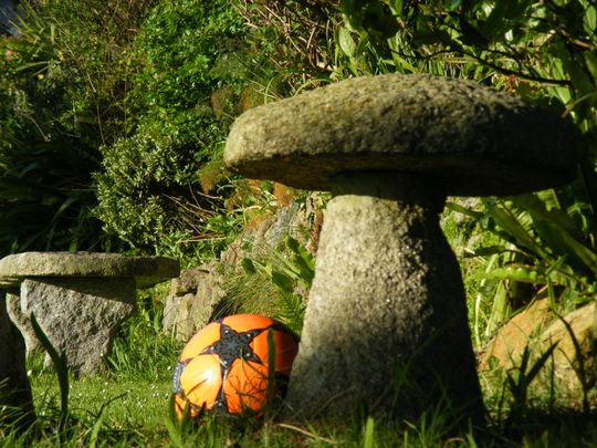 An orange ball next to a granite mushroom stall.