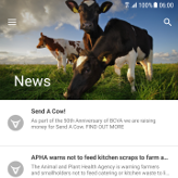 App screenshot, a cow banner image and a list of news articles