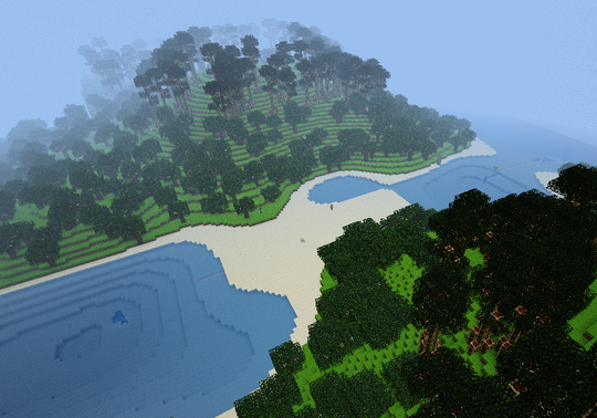 Screenshot of a voxel world. To the top and the bottom of the image are grassy hills. Between them are two lakes and sand.